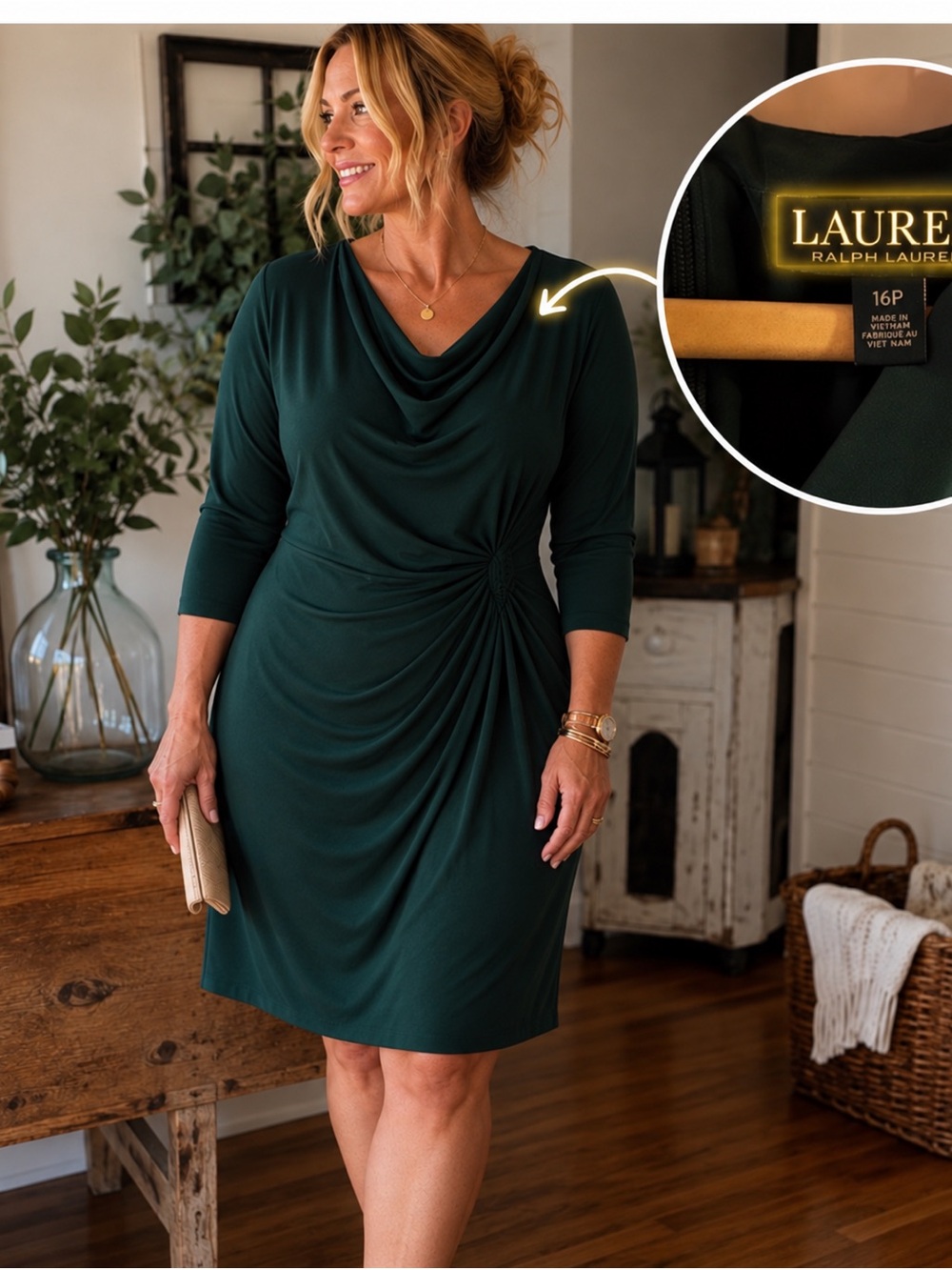 Lauren Ralph Lauren Forest Green Draped Long-Sleeve Dress